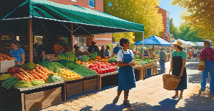A lively farmers' market filled with colorful fruits and vegetables, with sunlight creating shadows on the stalls.