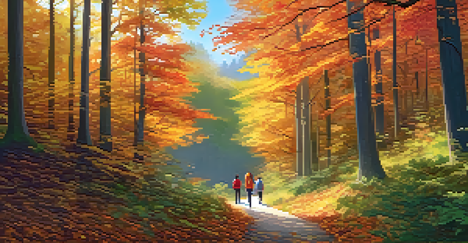 Participants enjoying a nature walk in a colorful forest during a digital detox retreat, with sunlight filtering through the trees.