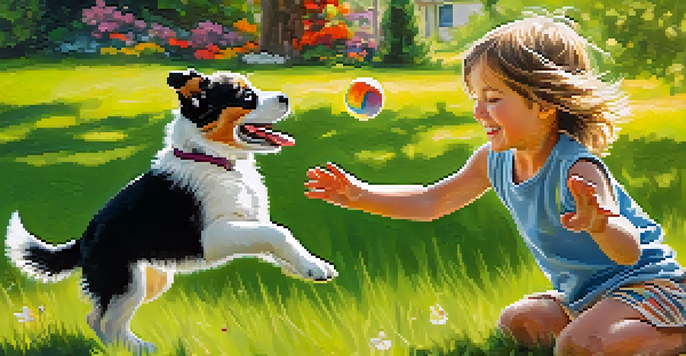 A child playing with a puppy in a sunny backyard, tossing a ball as the puppy jumps.
