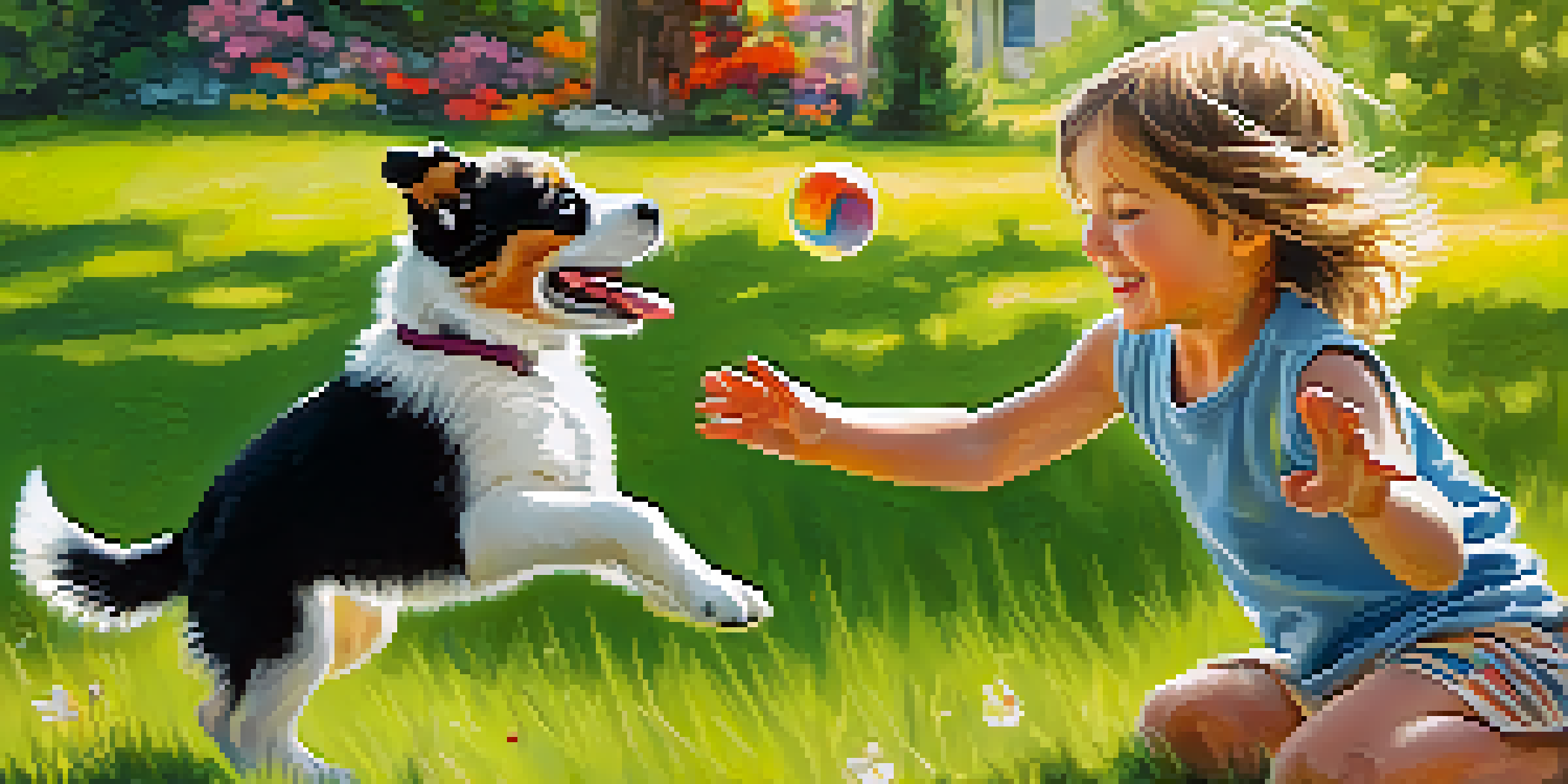A child playing with a puppy in a sunny backyard, tossing a ball as the puppy jumps.