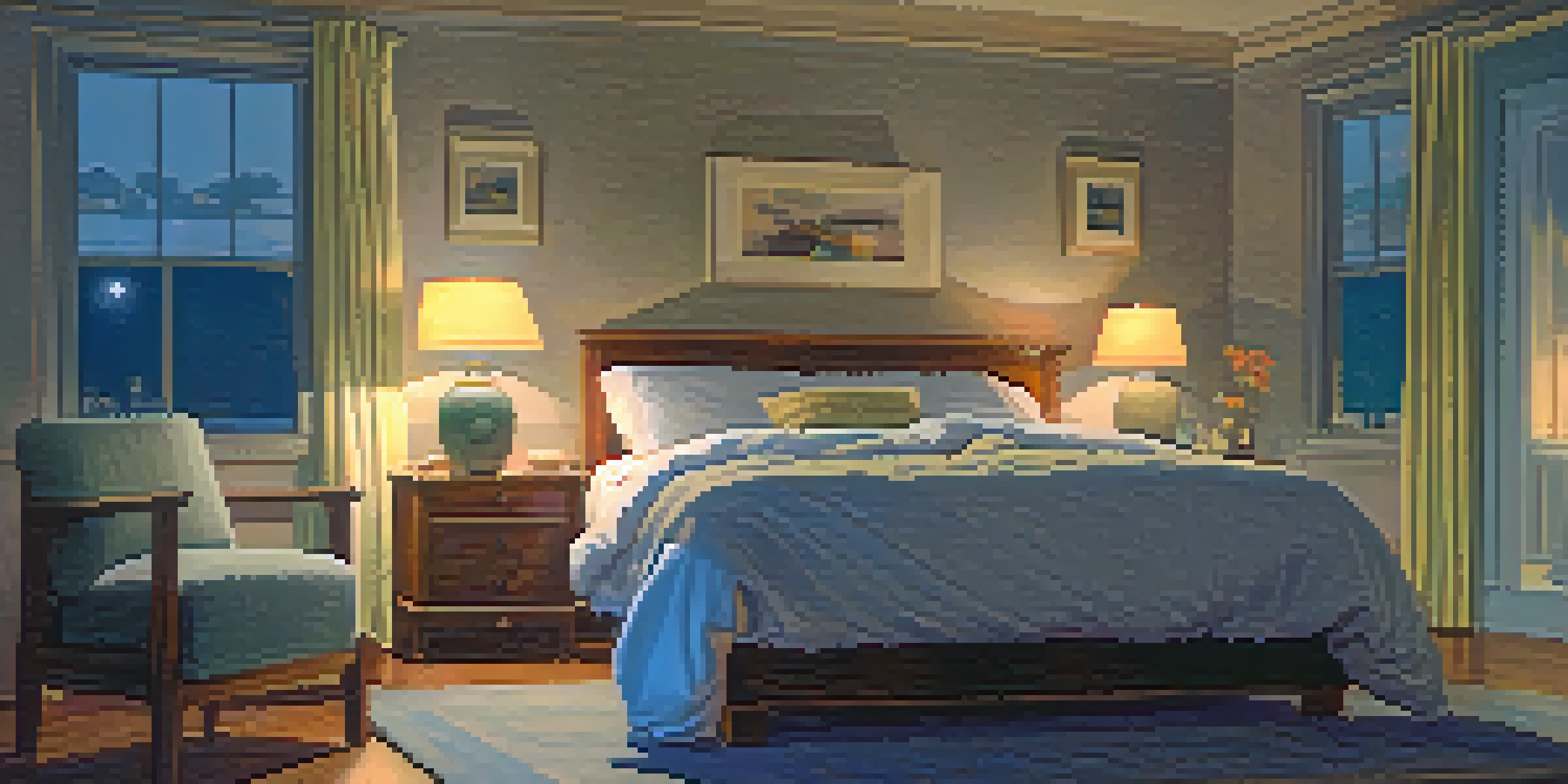 A person sitting on the edge of a bed in a softly lit bedroom, looking concerned while rubbing their legs.
