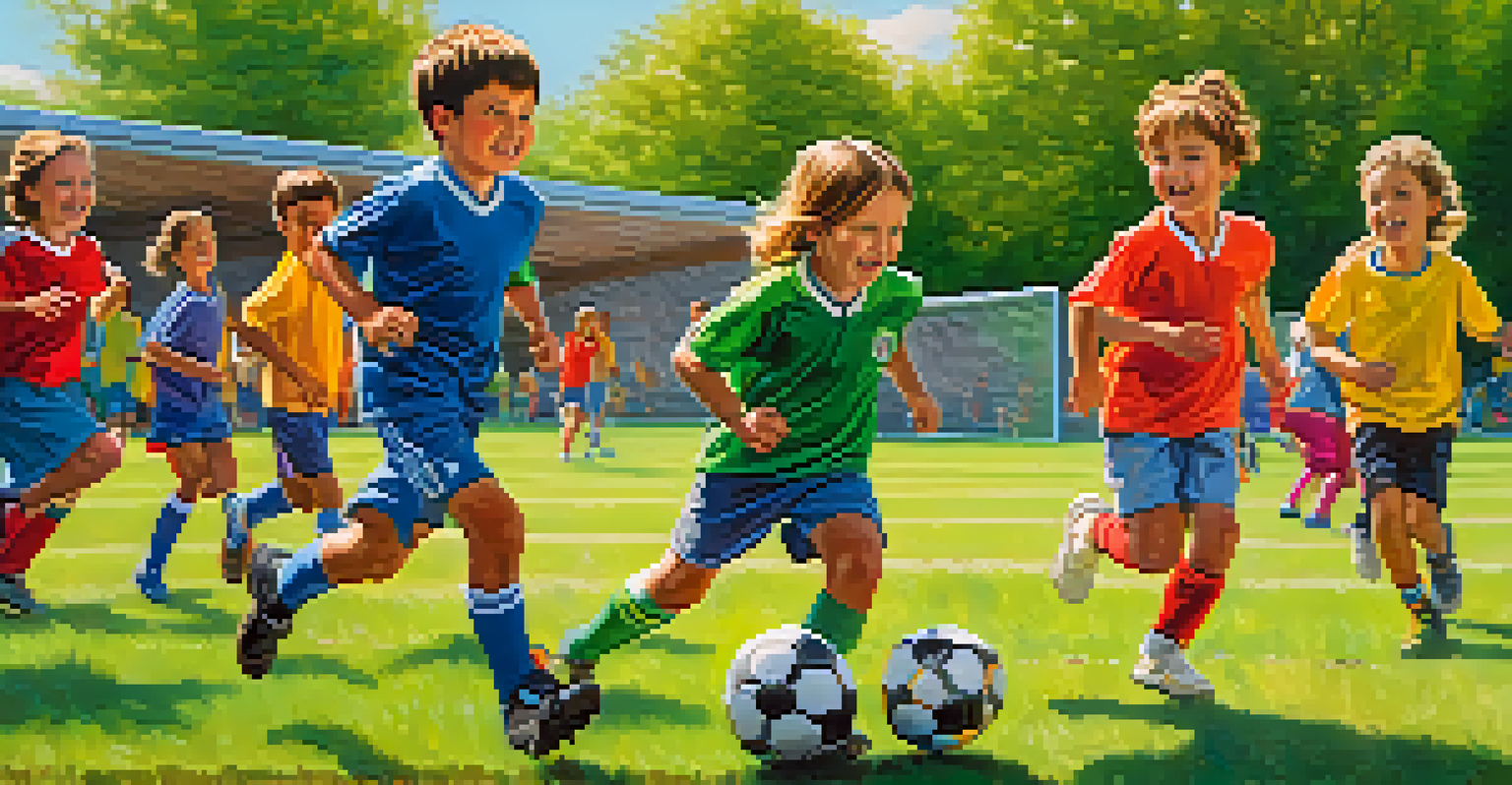 A group of children playing soccer on a sunny day with spectators cheering in the background.