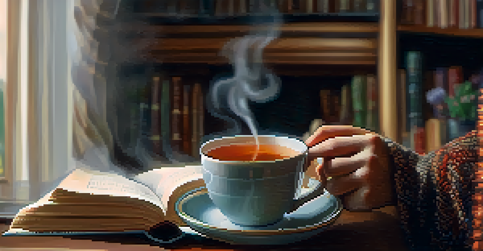 Close-up of hands holding a steaming cup of herbal tea with a cozy blanket in a warm living room.