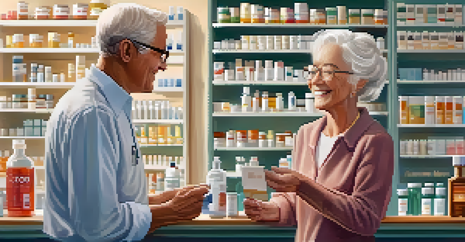 An elderly person talking to a pharmacist about their medication in a bright pharmacy, emphasizing communication and understanding.