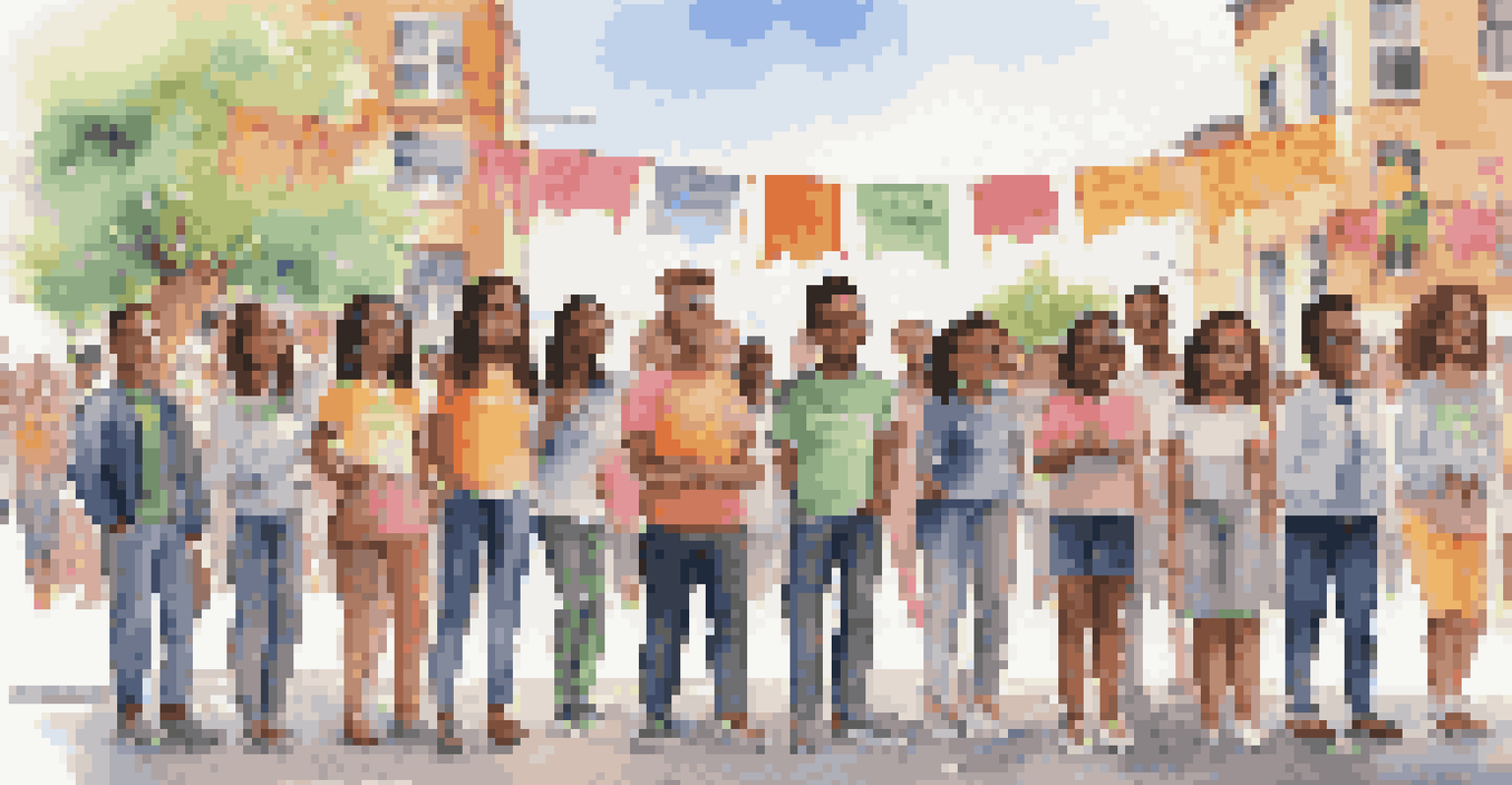 A group of young leaders standing confidently at a community event, with banners promoting resilience and teamwork around them.