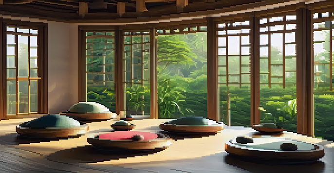 A serene sound therapy space with Tibetan singing bowls on a wooden table, surrounded by greenery and soft sunlight, inviting relaxation.