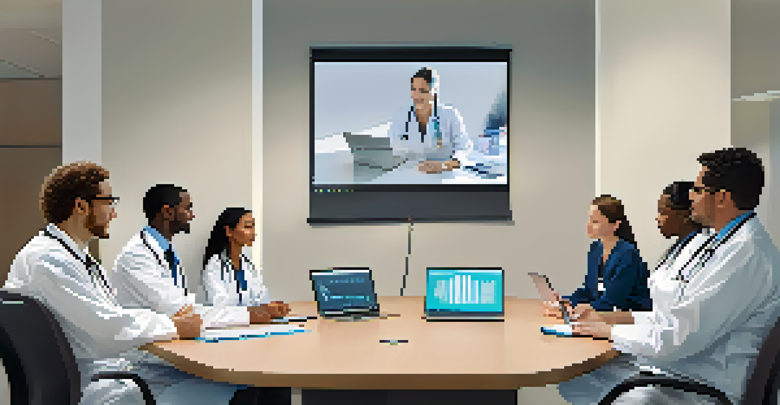 A diverse group of healthcare professionals discussing EHR vendor selection at a conference table with laptops and a projector.