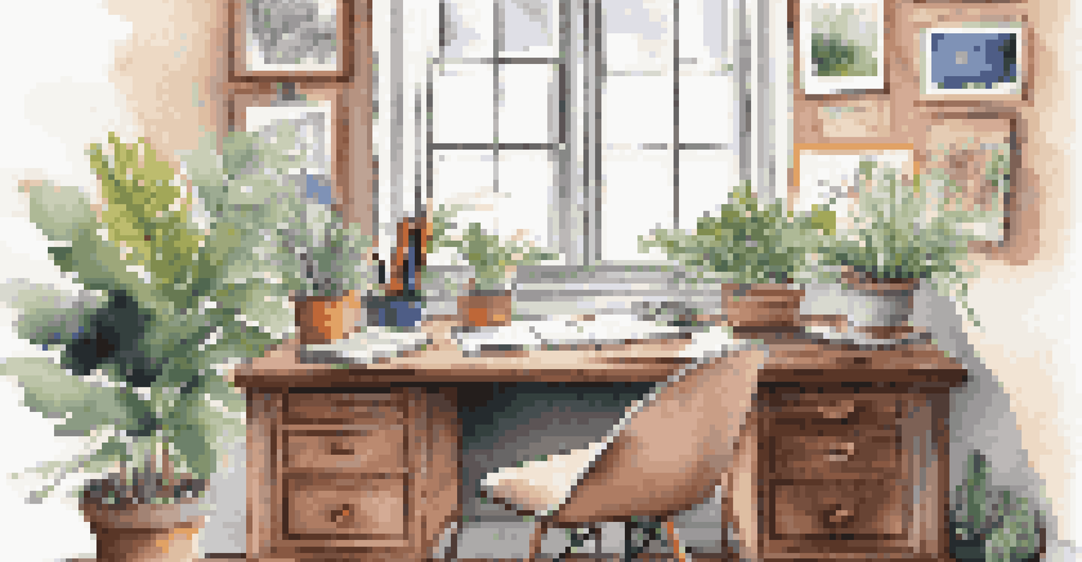 A cozy workspace with a wooden desk, open journal, and vision board, illuminated by natural light.