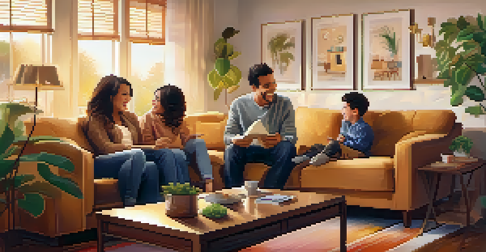 A family of four laughing together on a sofa in a cozy living room, surrounded by warm lighting and family photos.