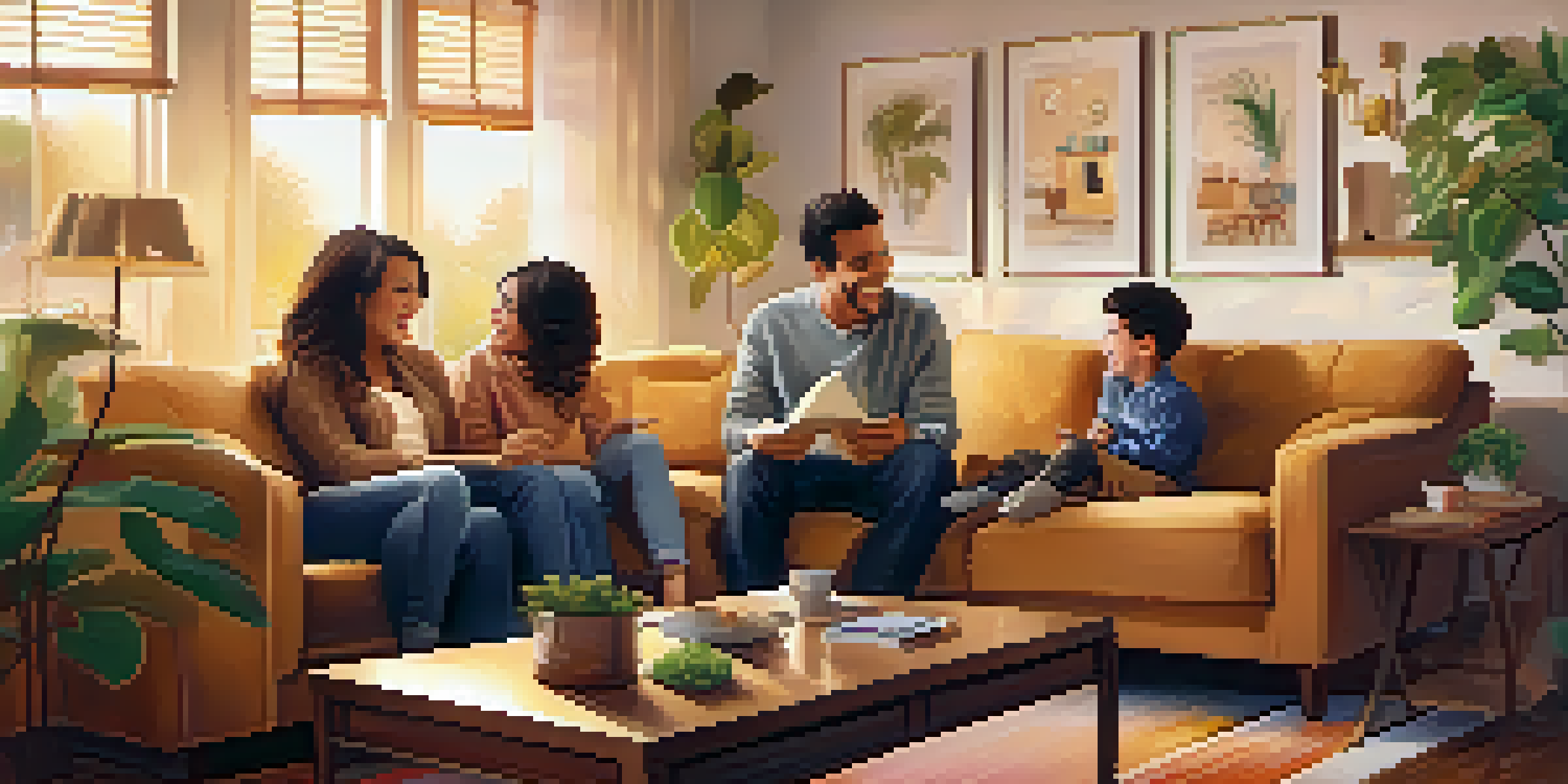 A family of four laughing together on a sofa in a cozy living room, surrounded by warm lighting and family photos.
