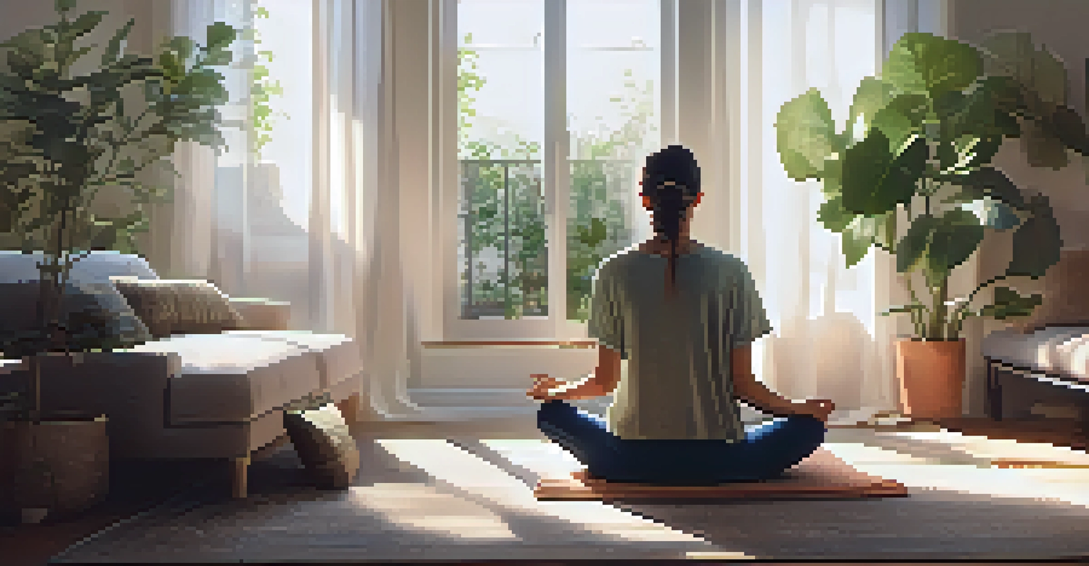 A person practicing mindfulness in a peaceful living room filled with cushions and plants.