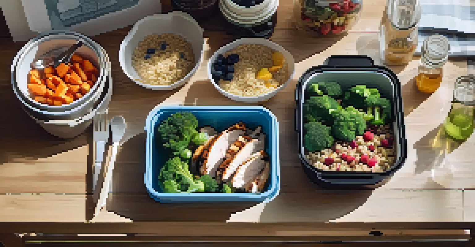 An overhead view of meal prep containers filled with healthy foods on a rustic wooden countertop.