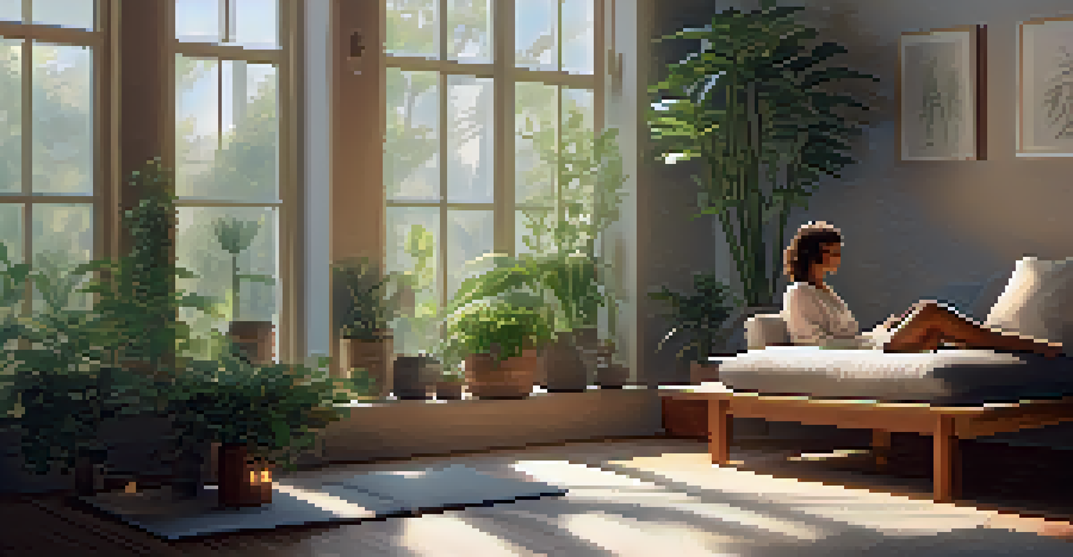 A person meditating in a peaceful indoor setting, surrounded by plants and candles, focusing on stress management.