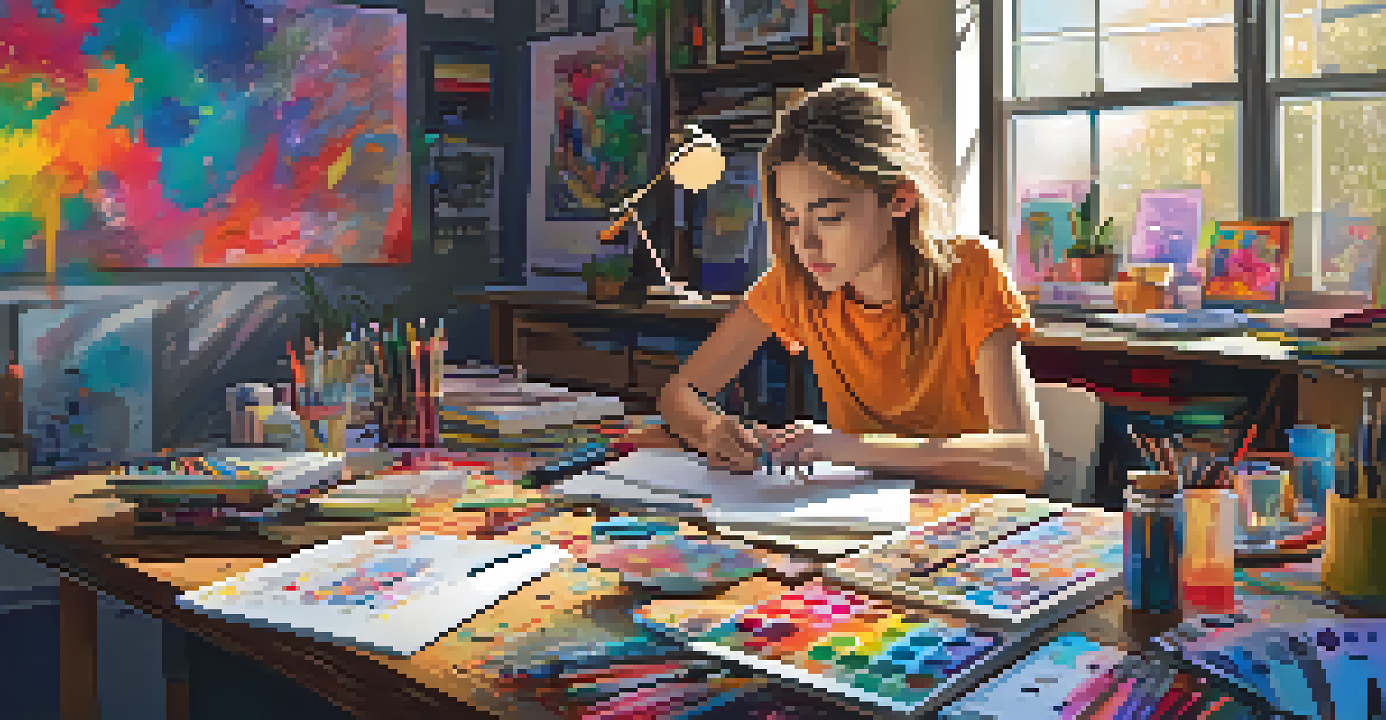 A teenager at a desk creating digital art on a tablet, surrounded by sketches and art supplies, with warm light filtering through a window.