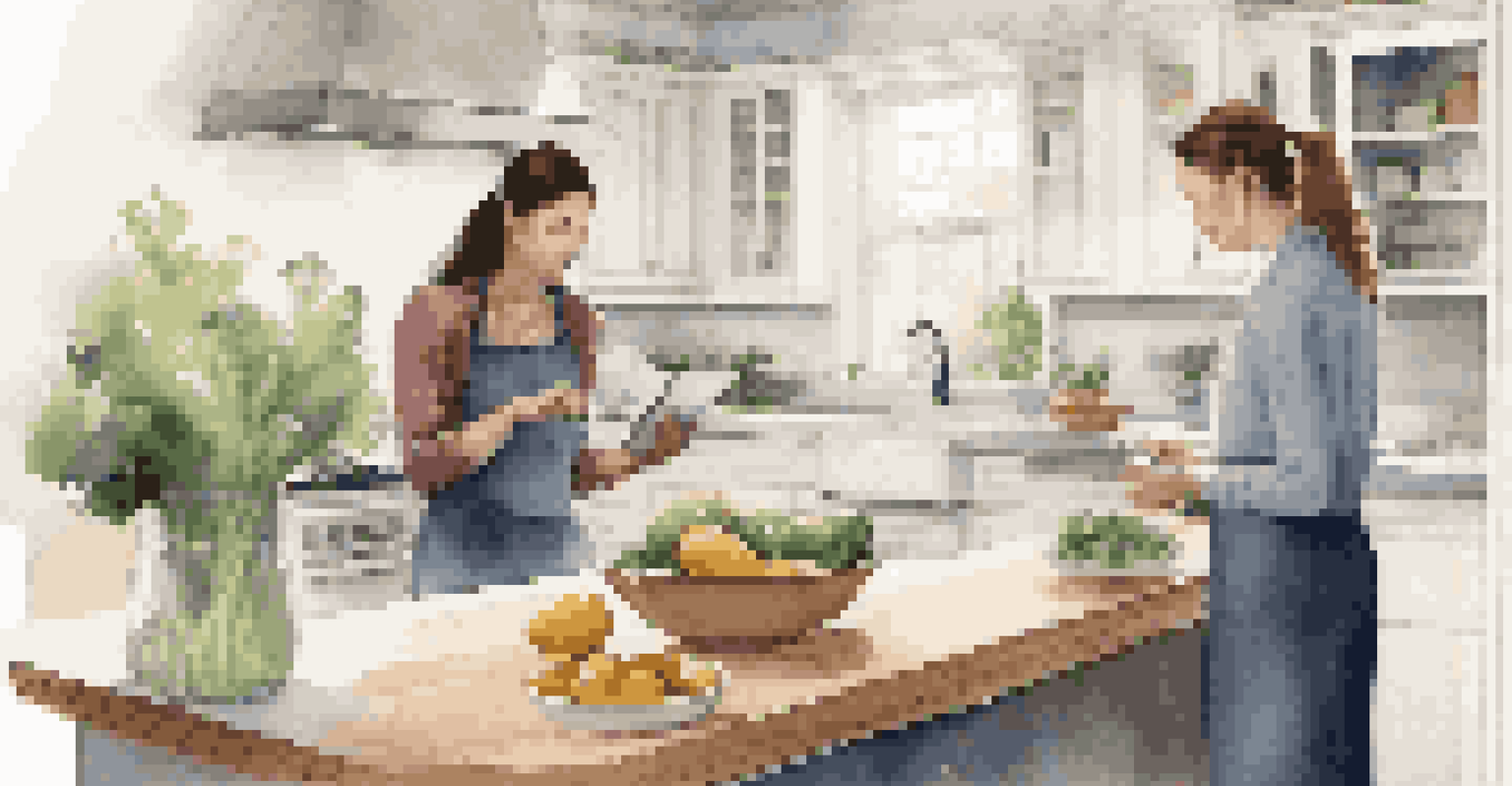 A nutritionist and client discussing a meal plan in a modern kitchen filled with fresh produce and natural light.