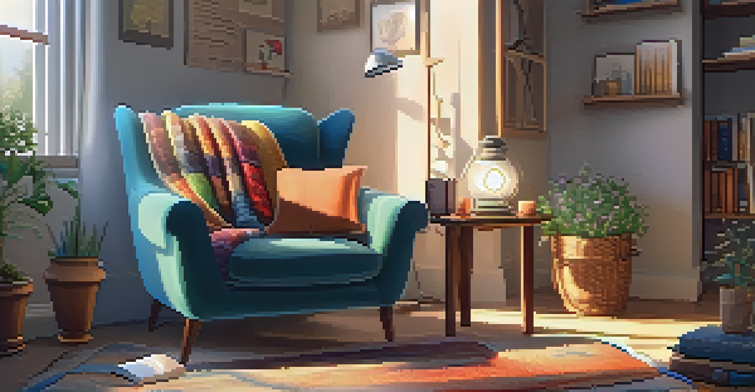 A cozy self-care corner with an armchair, herbal tea, and a journal in warm lighting.