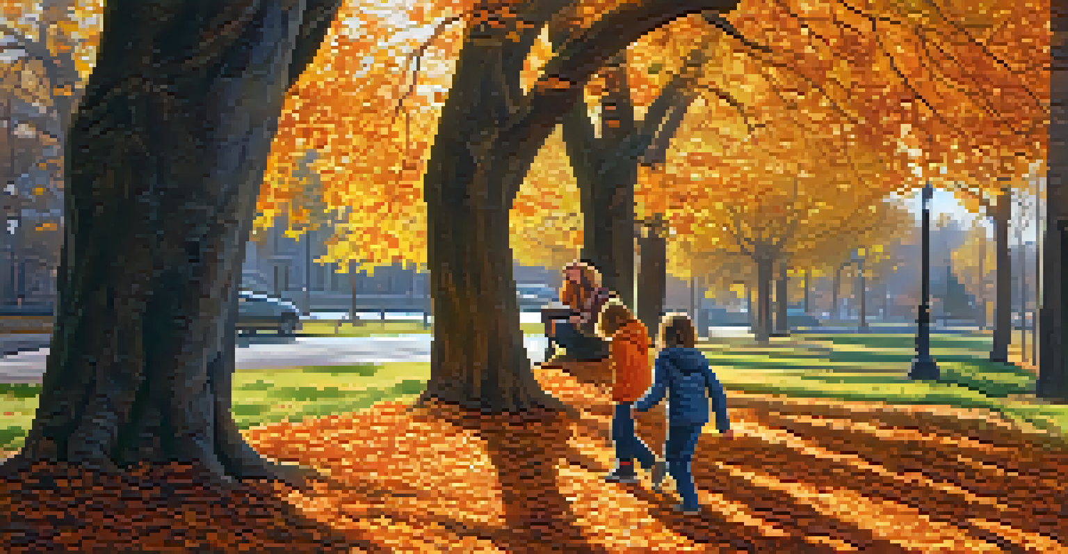 Two siblings climbing a tree in a colorful autumn park, surrounded by fallen leaves and dappled sunlight.