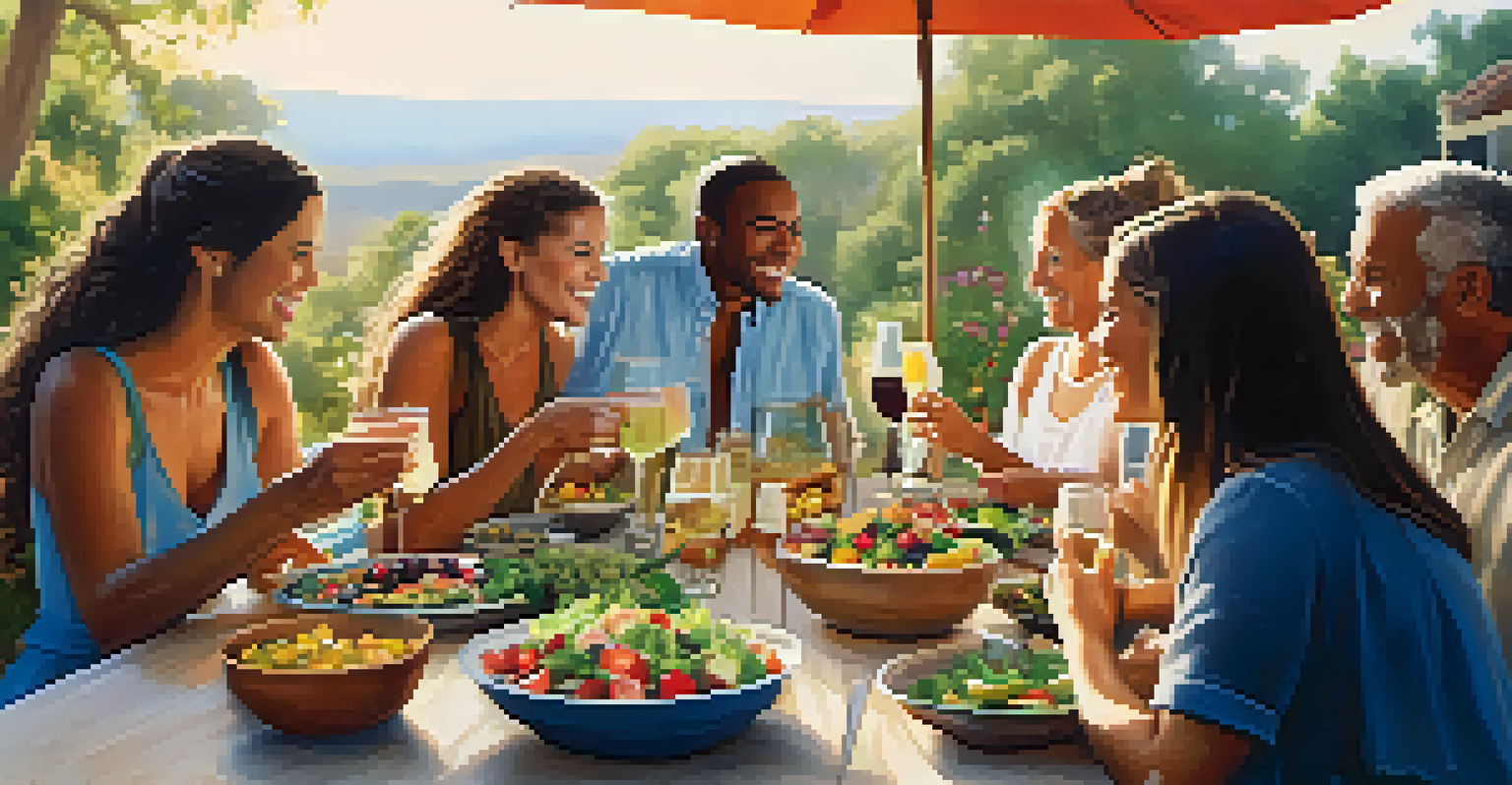 A group of friends gathered around a table outdoors, enjoying a healthy meal with colorful dishes and infused water.