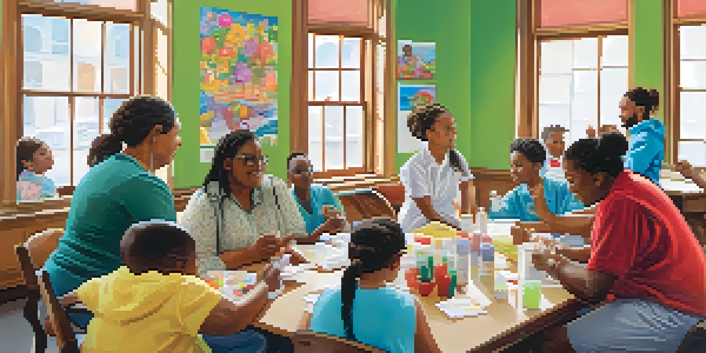 A diverse group of people participating in a community health workshop focused on diabetes management, with a healthcare provider using visual aids.