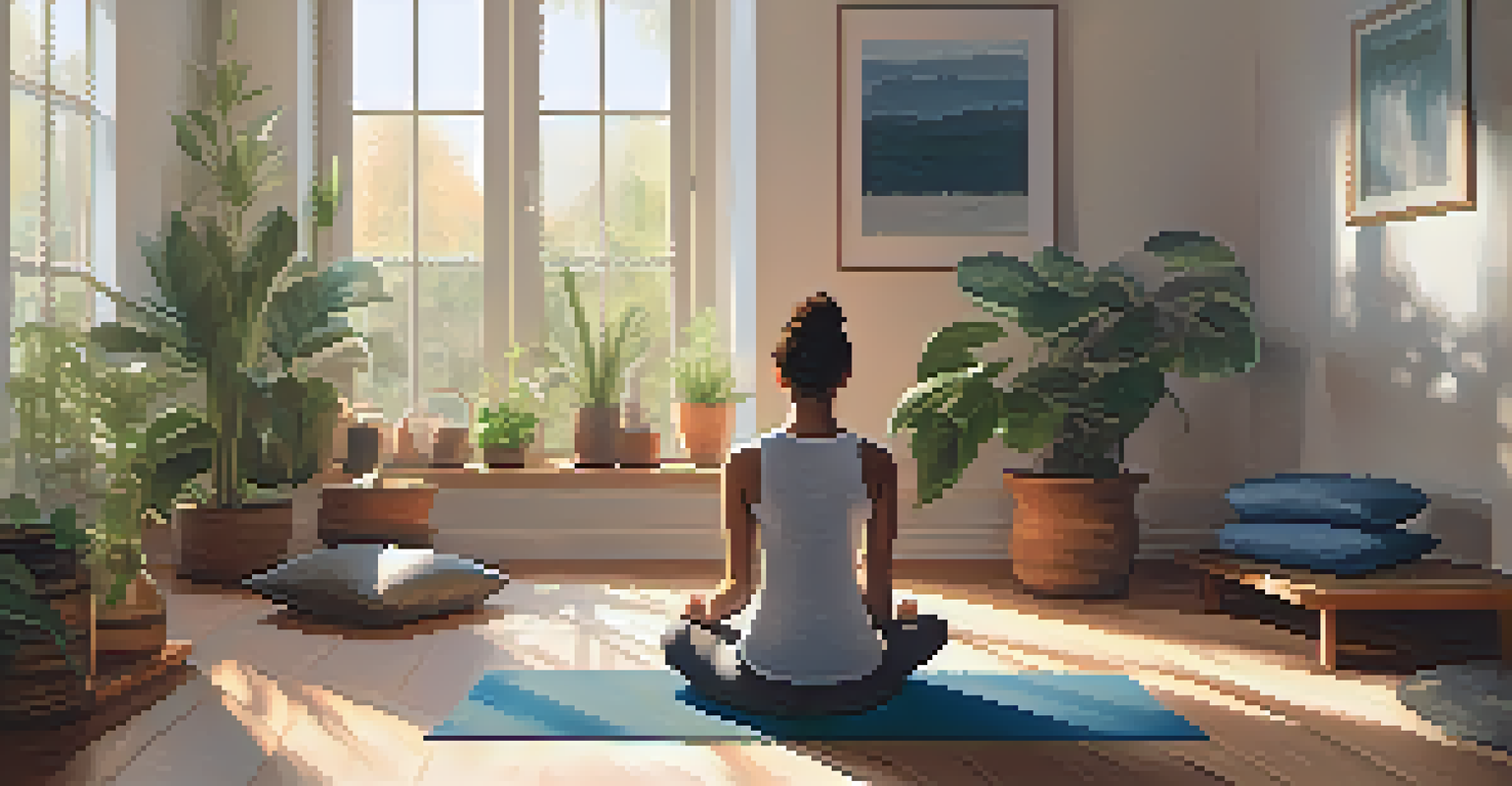 A person meditating on a yoga mat in a peaceful, sunlit room filled with plants and cushions, promoting mindfulness and relaxation.