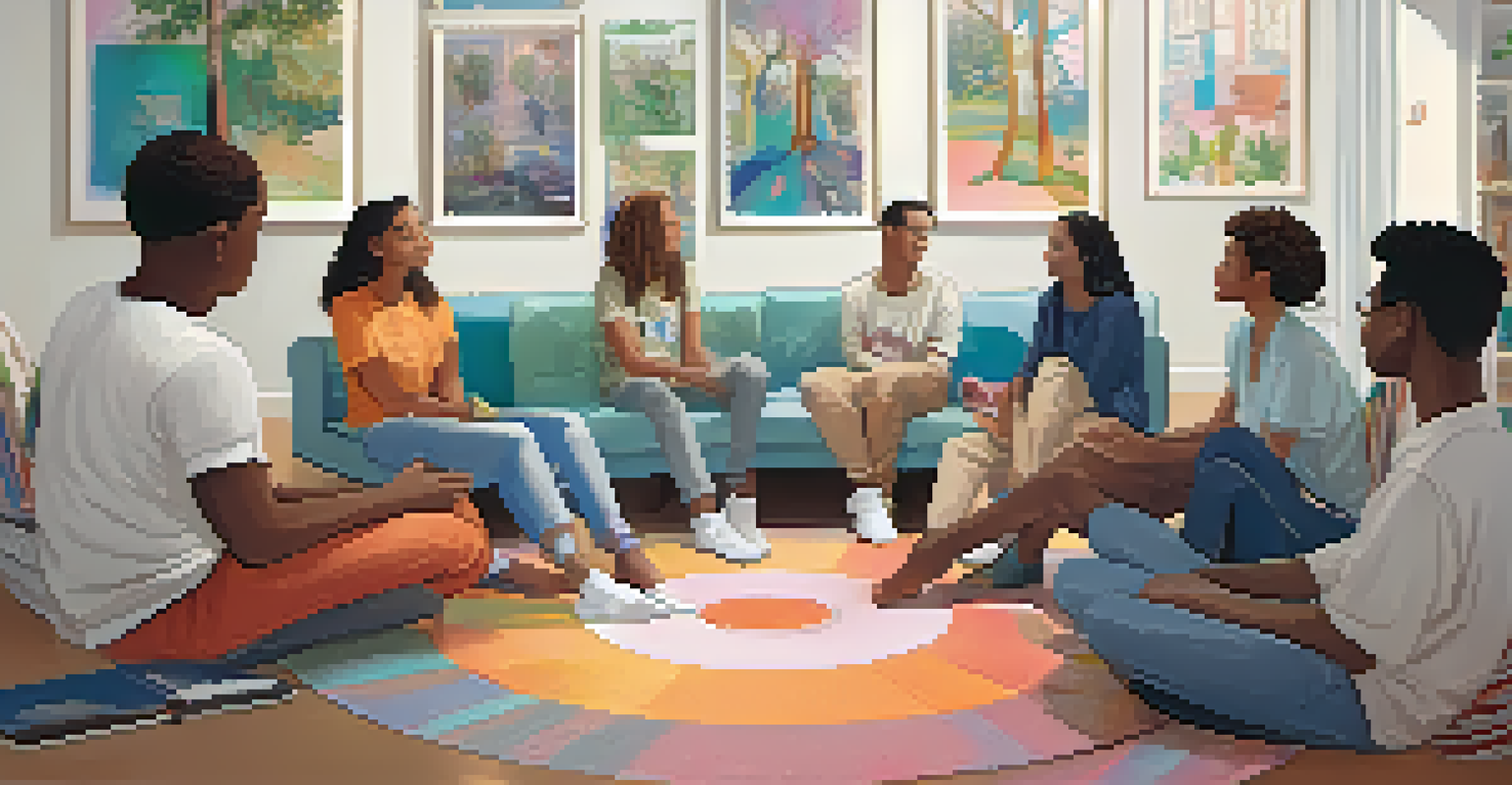 A group of young people in a circle during a therapy session, sharing their feelings in a supportive environment.