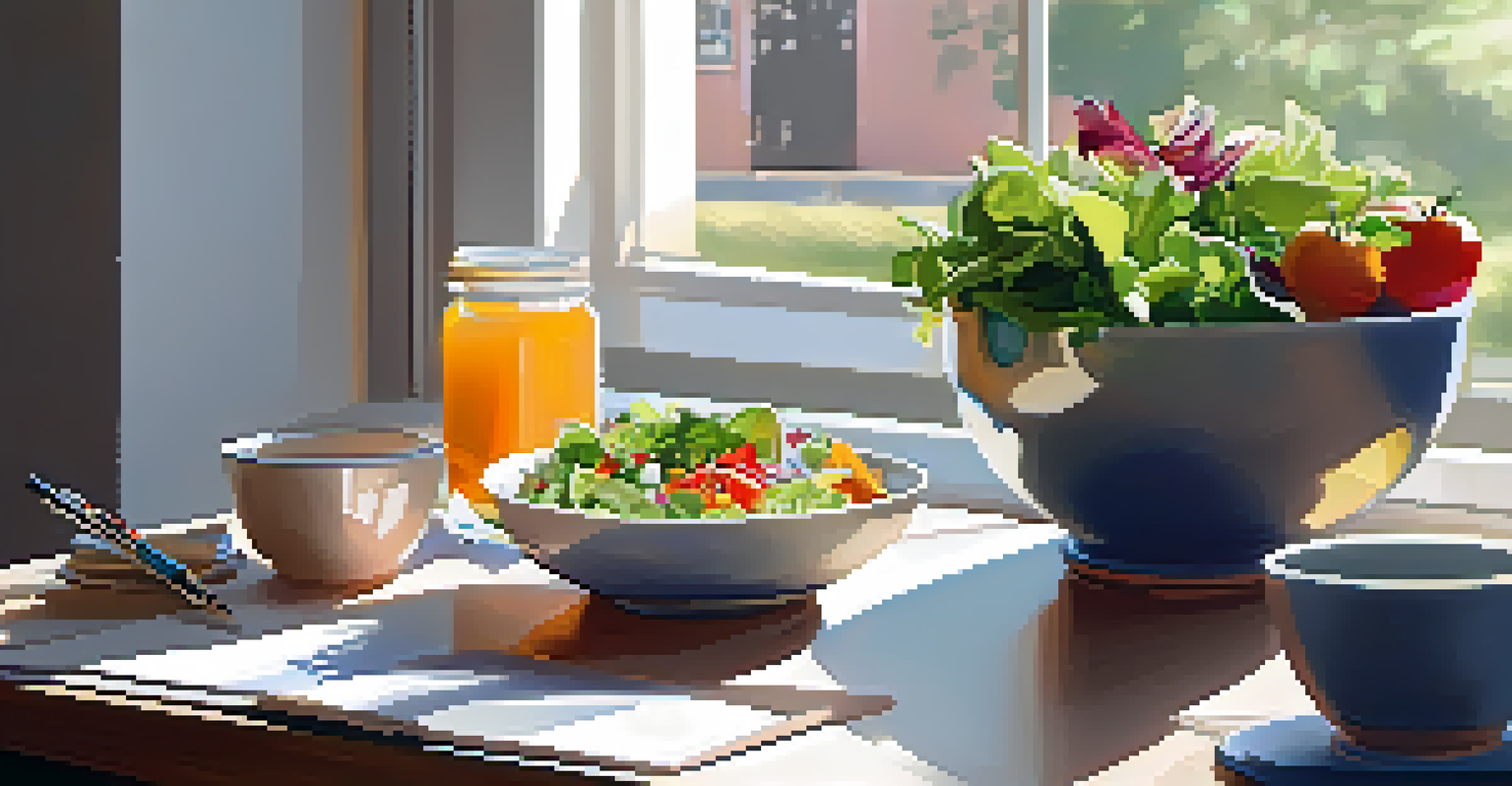 An organized workspace with a clear bowl of salad on a desk, accompanied by a notebook and pen, bathed in soft sunlight.