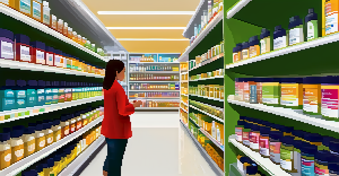 A person looking at supplement products in a bright and organized pharmacy aisle filled with colorful bottles.
