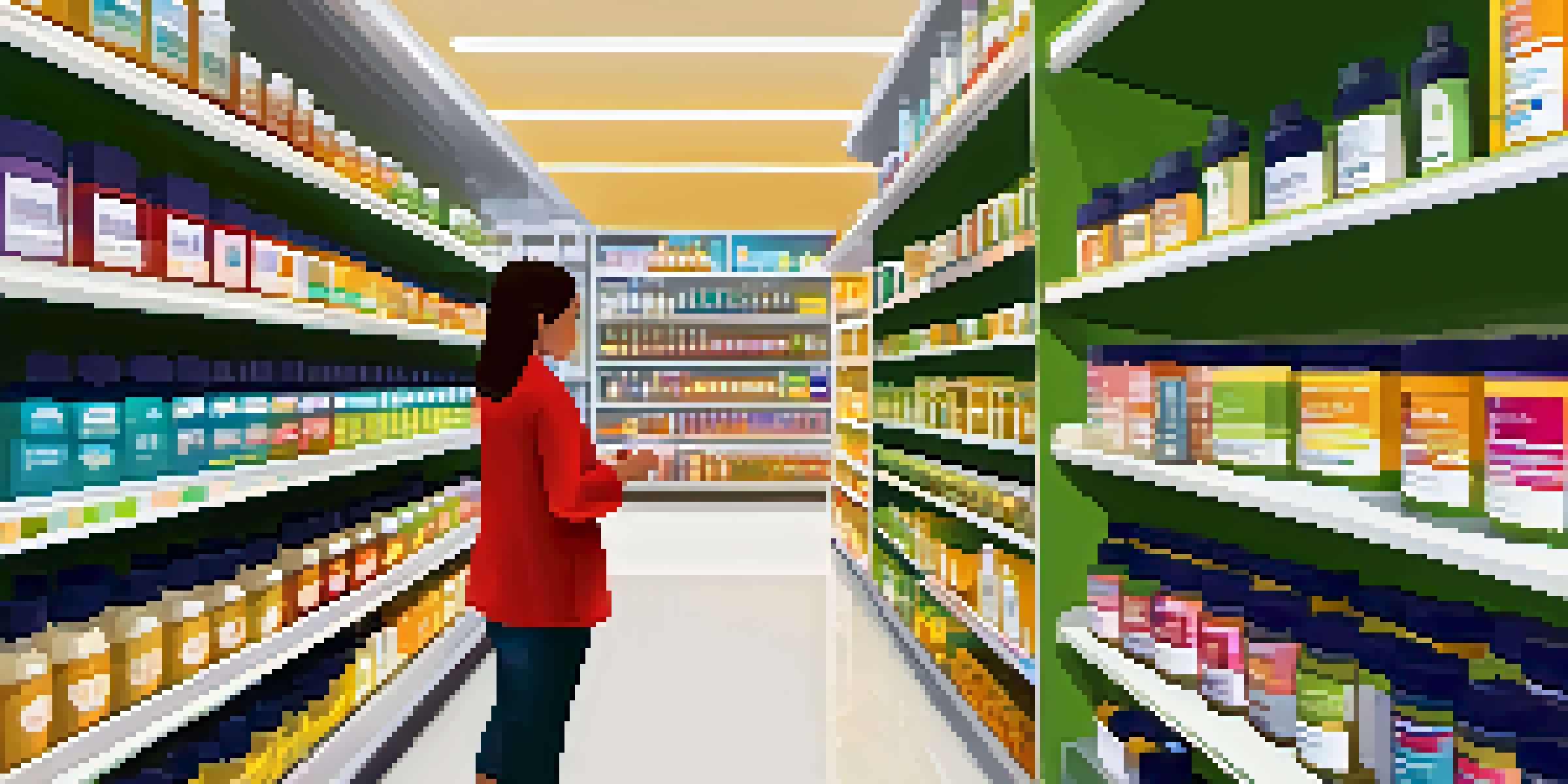 A person looking at supplement products in a bright and organized pharmacy aisle filled with colorful bottles.