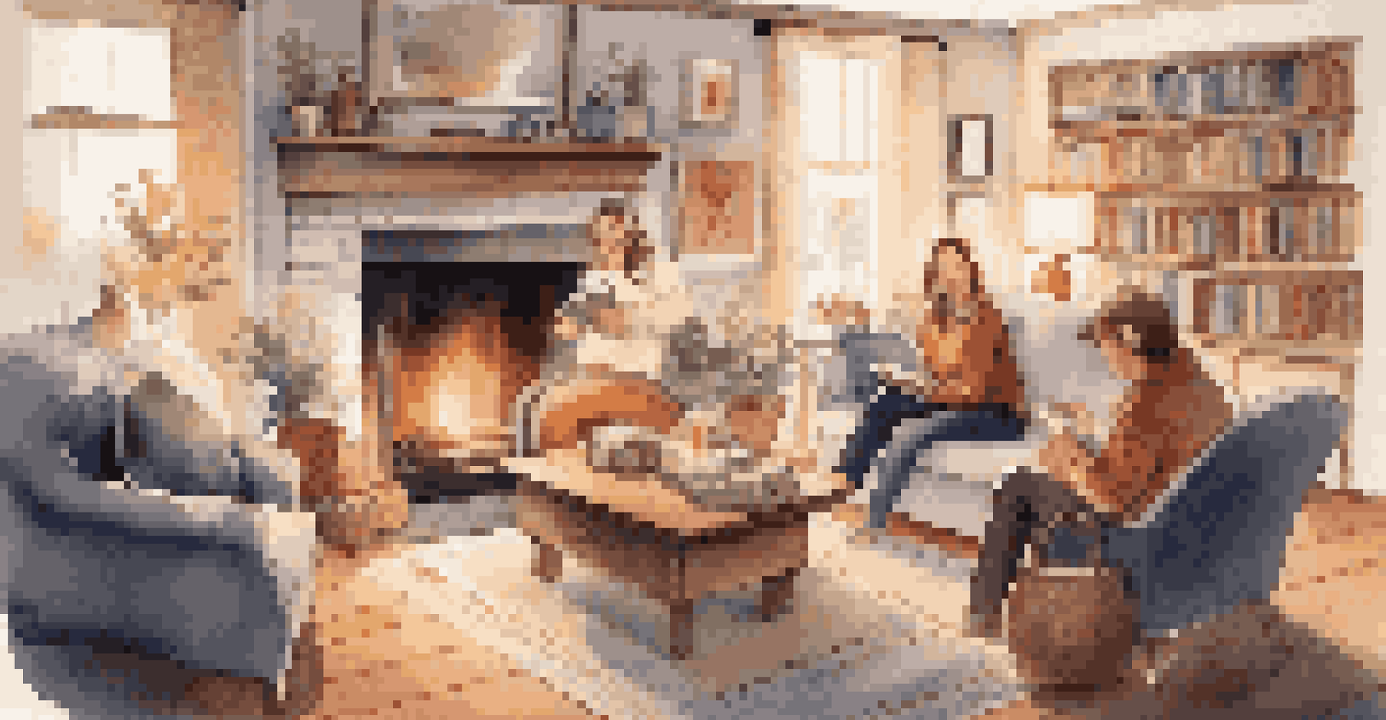 A warm living room scene with a family playing games by the fireplace, surrounded by cozy decorations and books.