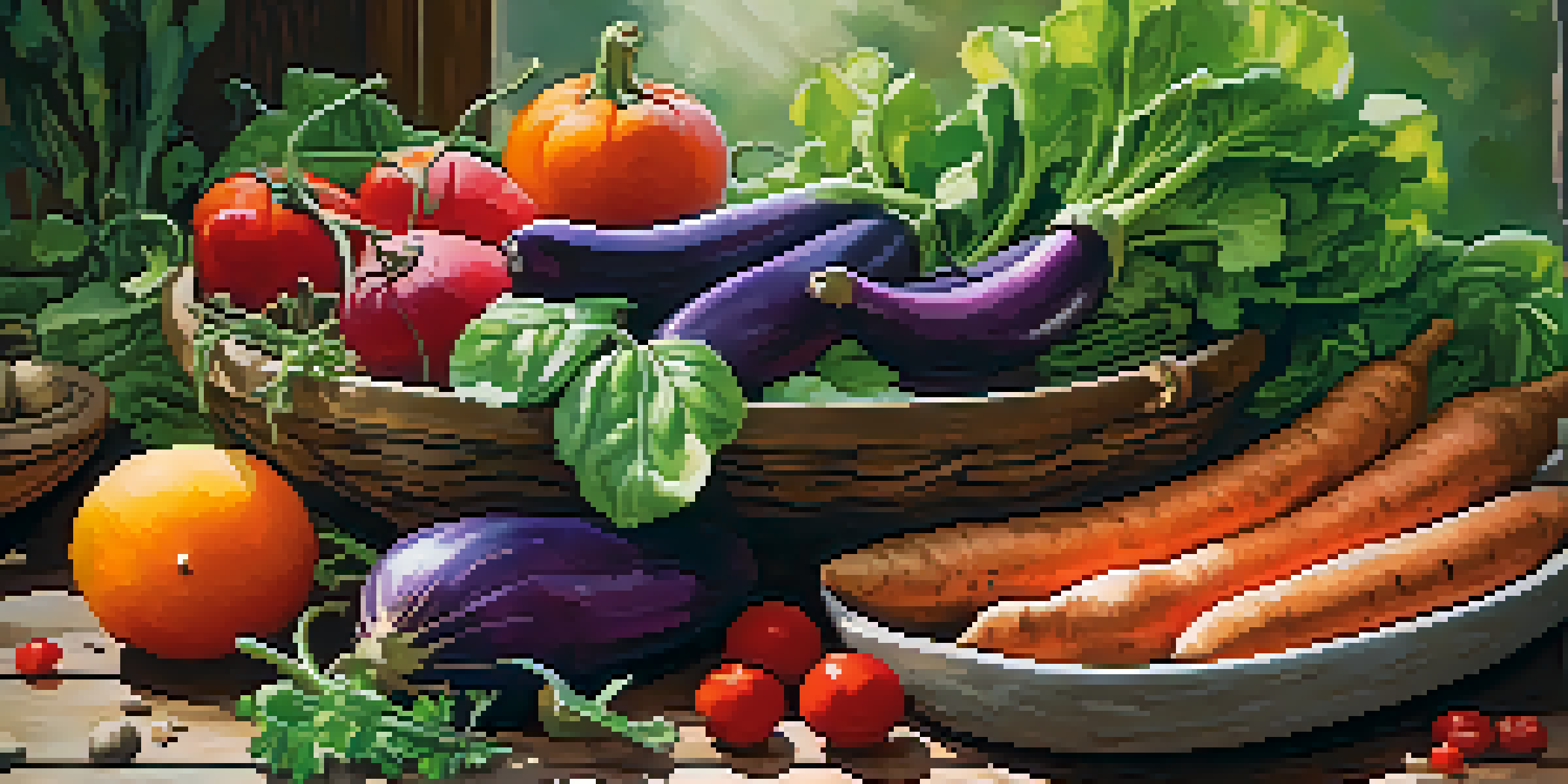 A colorful assortment of fresh plant-based foods arranged on a wooden table, illuminated by sunlight.