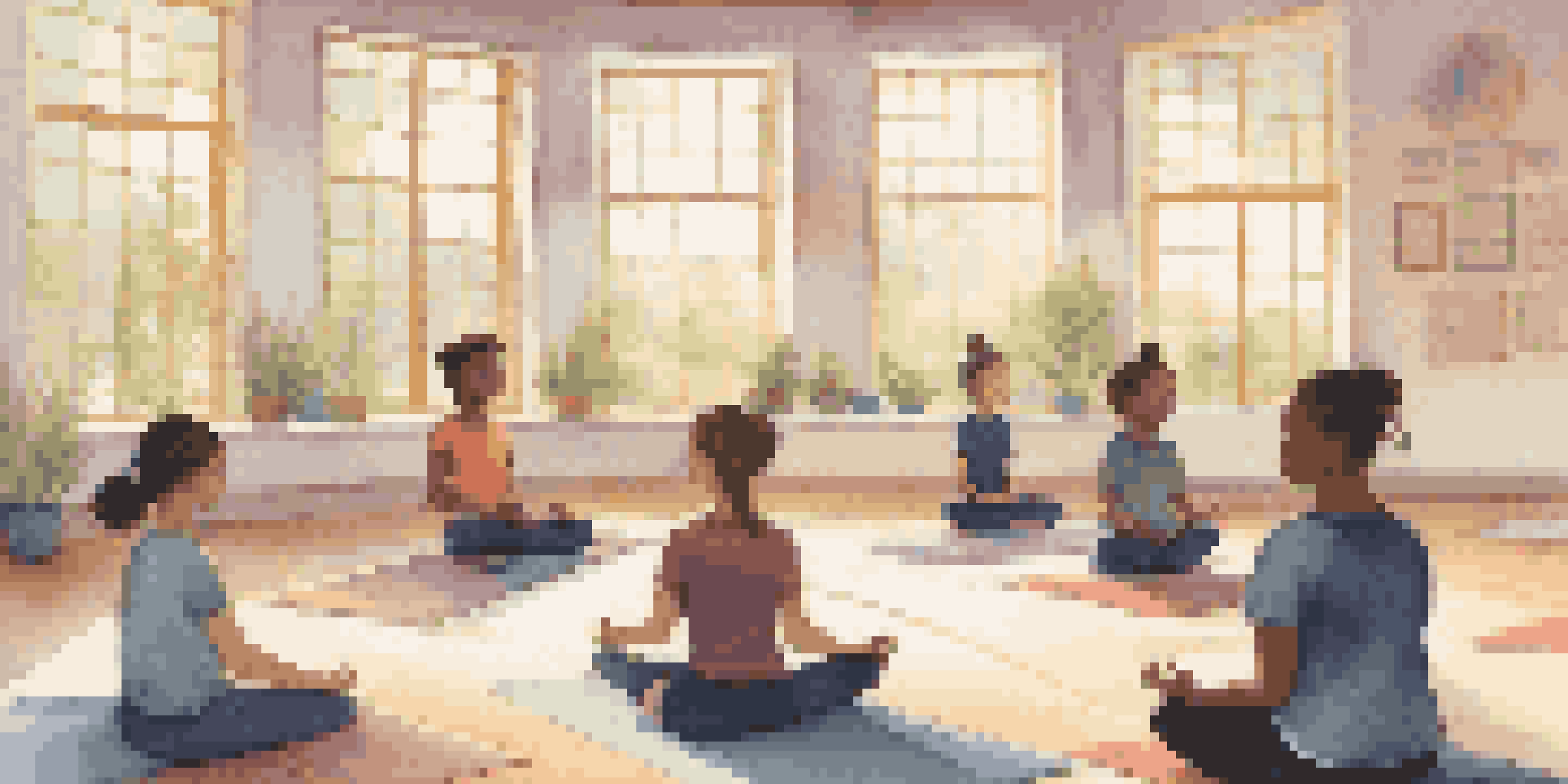 A classroom filled with students practicing mindfulness meditation together, guided by a teacher in a calming environment.