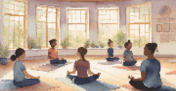 A classroom filled with students practicing mindfulness meditation together, guided by a teacher in a calming environment.