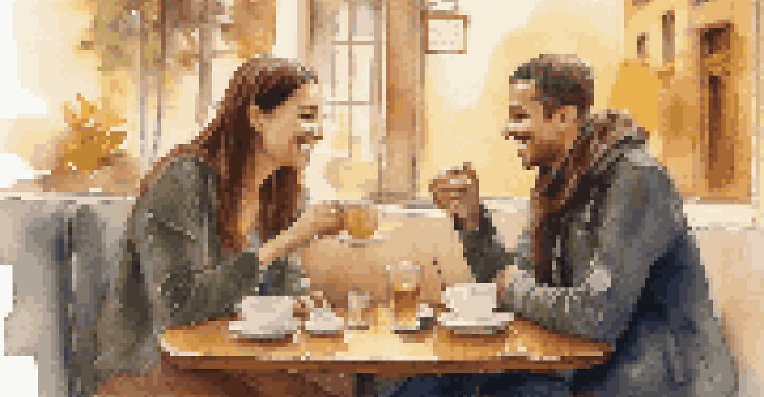 Two friends sharing a warm conversation in a cozy café, with cups of tea on the table, symbolizing empathy and connection.