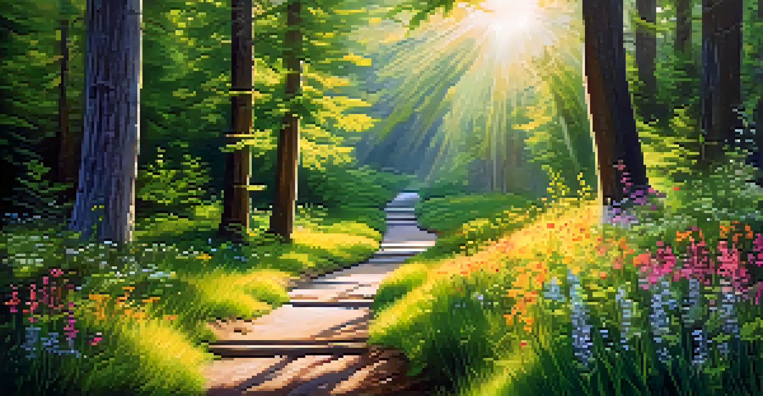 A sunlit forest path surrounded by wildflowers and greenery, with a signpost indicating different trails.