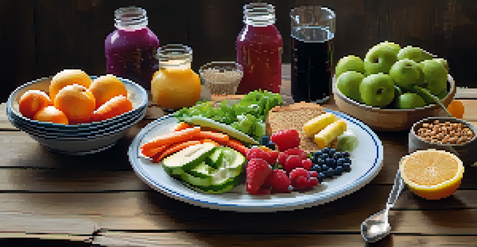 A colorful and nutritious meal on a wooden table, showcasing fruits, vegetables, whole grains, and a glass of water.