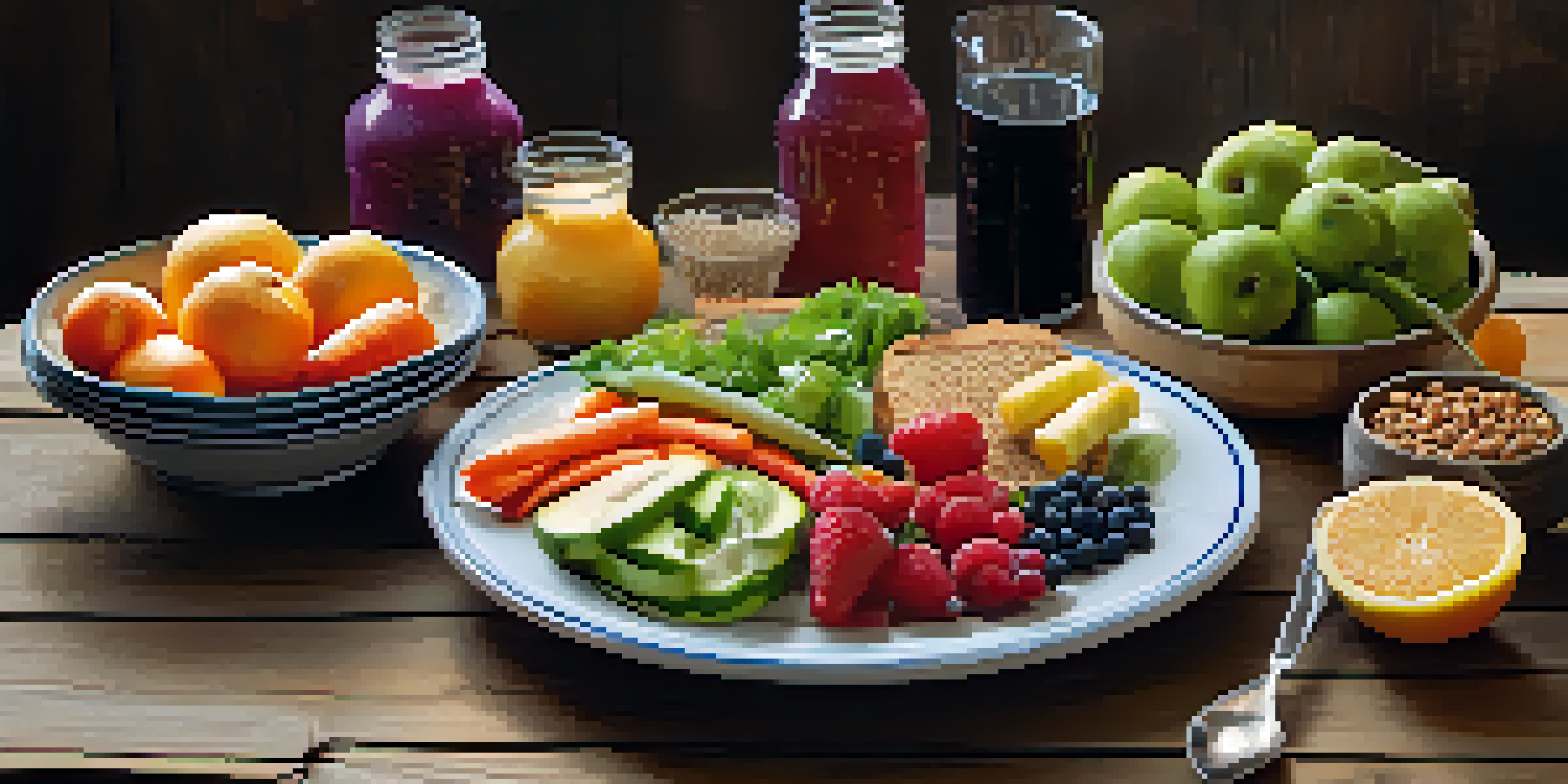 A colorful and nutritious meal on a wooden table, showcasing fruits, vegetables, whole grains, and a glass of water.
