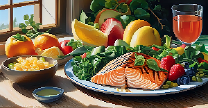 A colorful plate of heart-healthy food including fruits, greens, whole grains, and grilled salmon, arranged on a wooden table with natural light illuminating the scene.