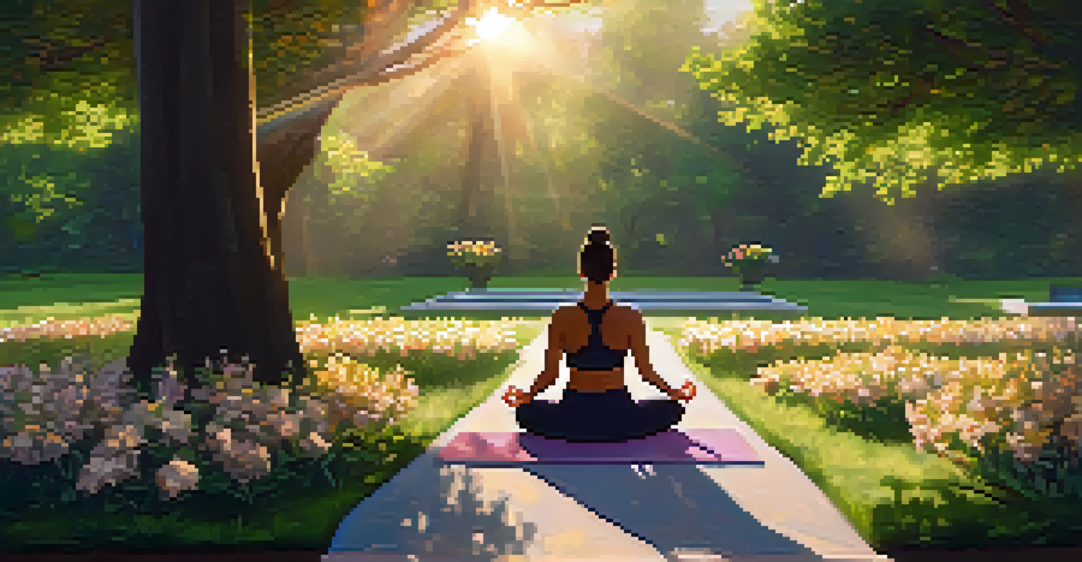 An outdoor meditation scene with a person on a yoga mat in a green park surrounded by flowers and trees during sunset.