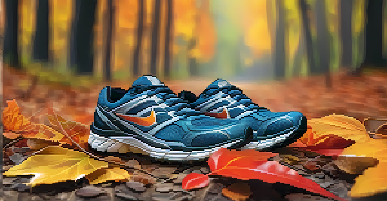 Close-up of running shoes on a trail with colorful autumn leaves in the background.