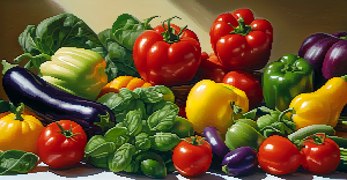 A circular arrangement of fresh fruits and vegetables showcasing vibrant colors on a white wooden table.