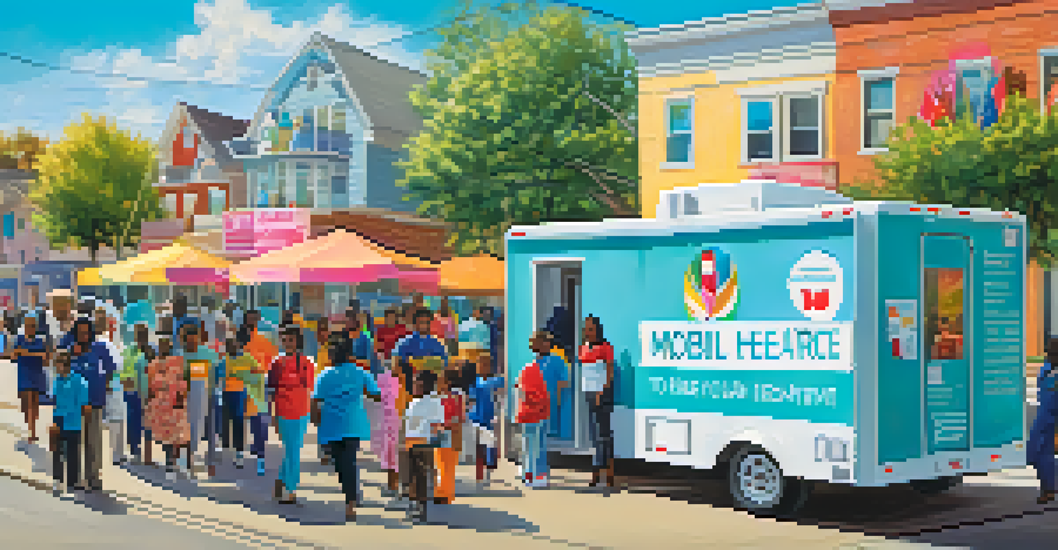 A mobile healthcare unit in a neighborhood, with healthcare workers giving vaccinations to diverse community members.