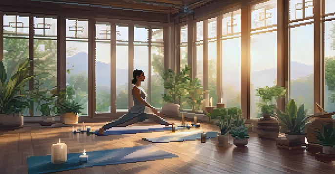 A peaceful yoga studio with a person practicing Child's Pose on a mat, surrounded by plants and soft lighting.