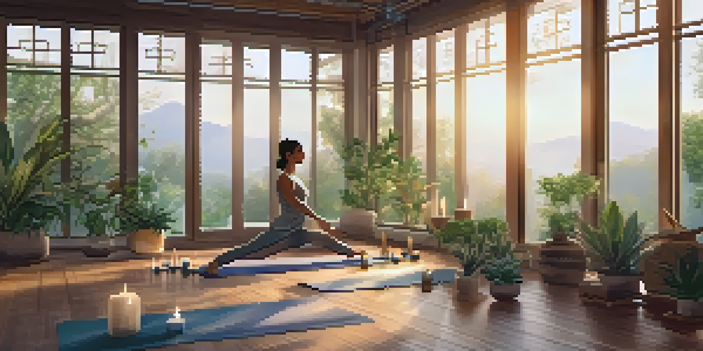 A peaceful yoga studio with a person practicing Child's Pose on a mat, surrounded by plants and soft lighting.