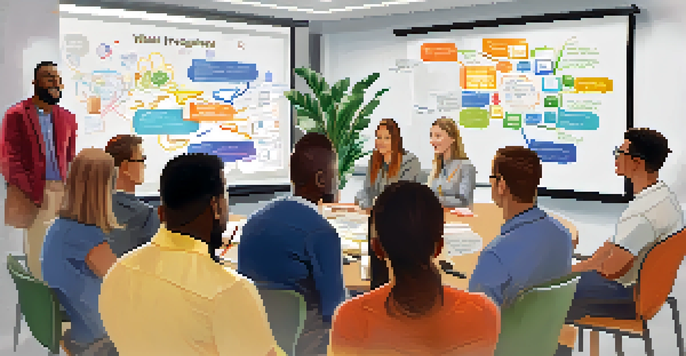 A diverse group of employees seated around a table, discussing feedback on wellness programs in a colorful office setting.