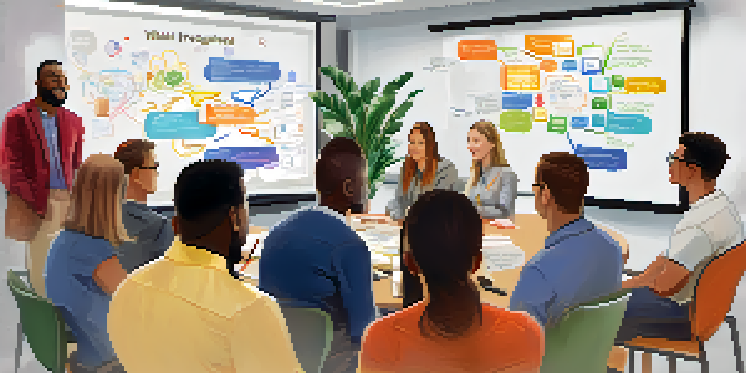 A diverse group of employees seated around a table, discussing feedback on wellness programs in a colorful office setting.