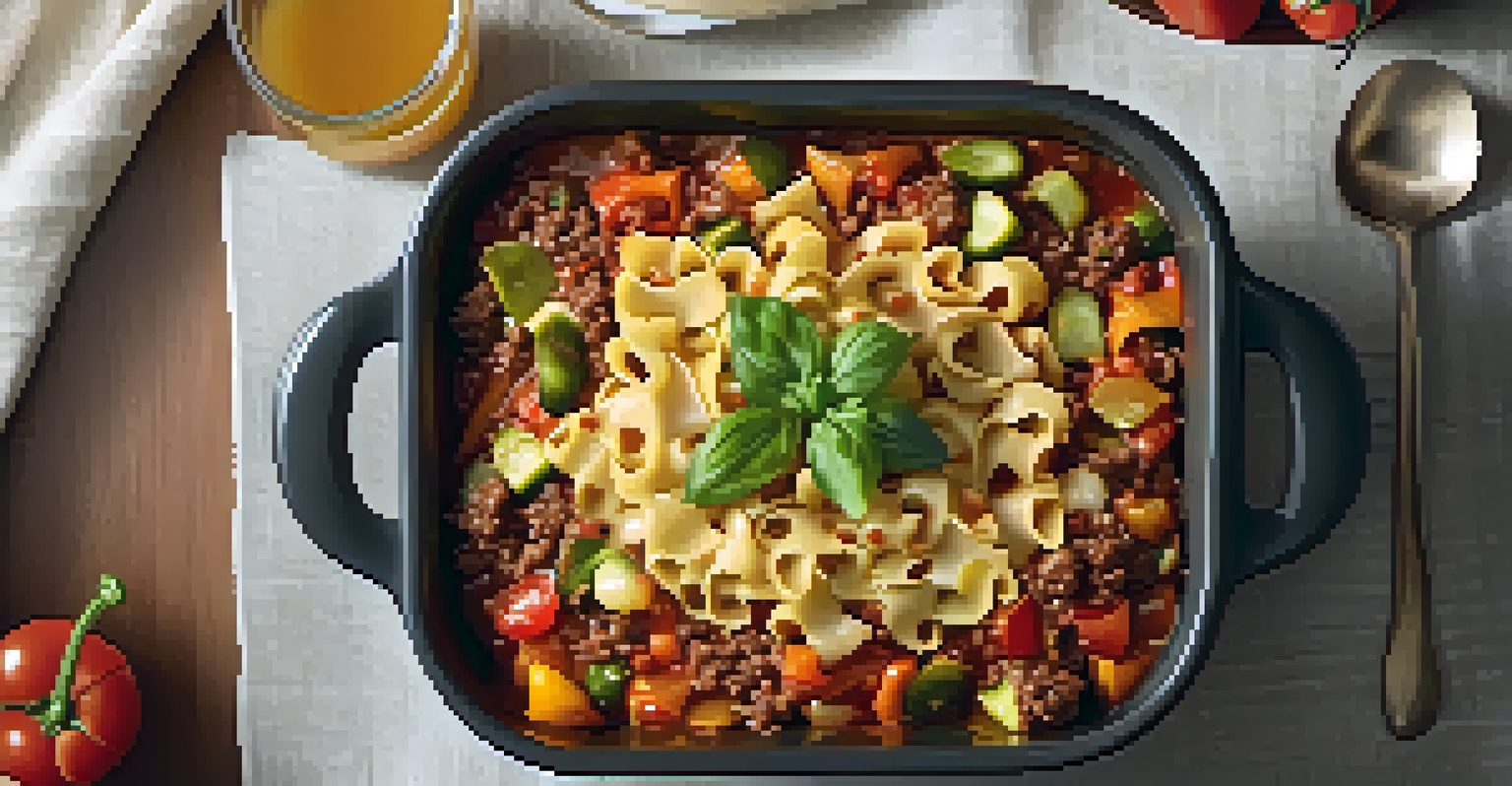 A One-Pan Beef and Vegetable Casserole featuring ground beef, bell peppers, zucchini, and carrots in a deep baking dish, topped with a golden crust.
