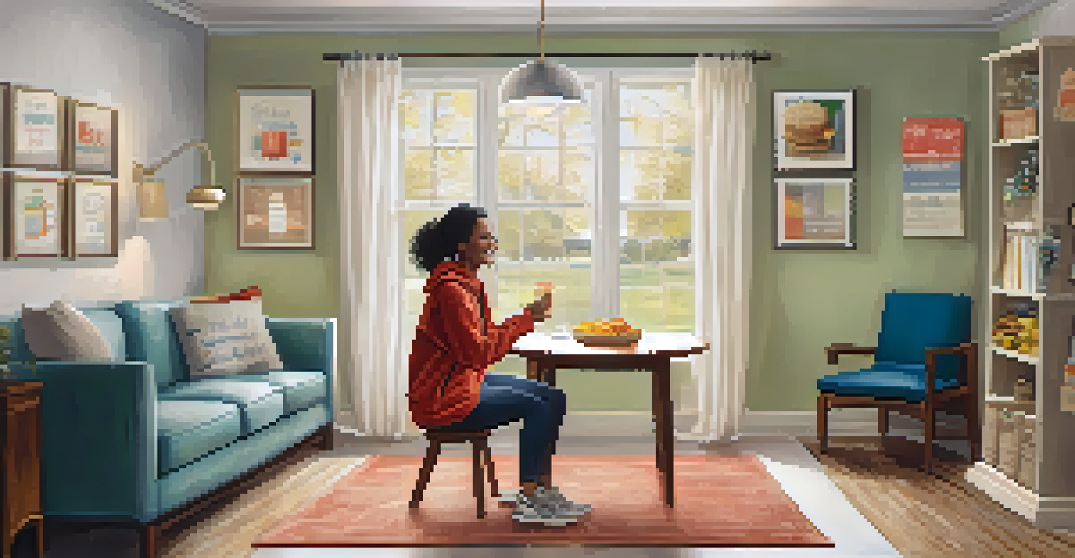 A person celebrating a fitness milestone at home, holding a medal and a healthy snack, with motivational quotes around them.