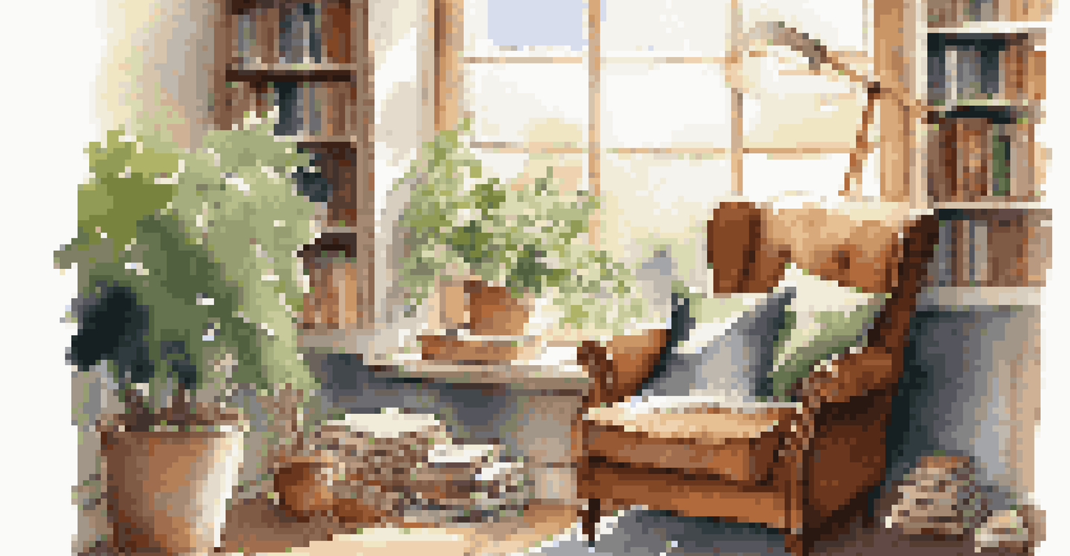A comfortable reading corner with an armchair, books, and sunlight streaming through a window.
