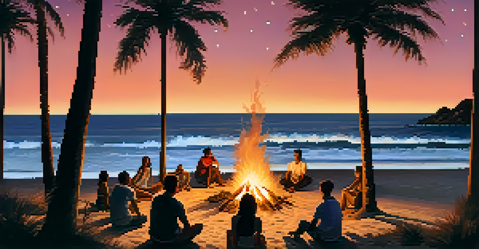 Friends sitting around a campfire on the beach at dusk, with ocean waves and a starry sky in the background.