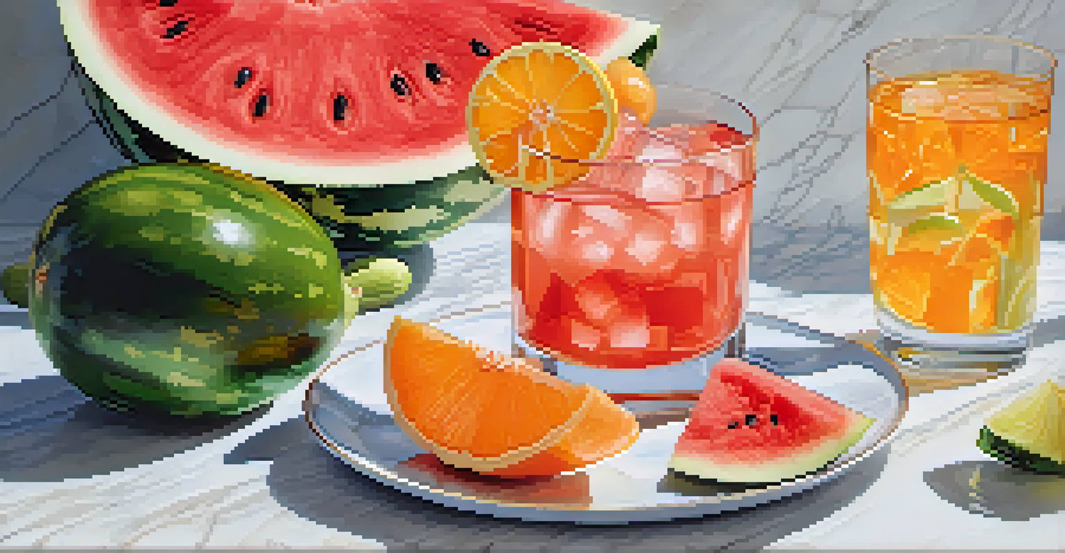 A close-up of a glass of water next to slices of watermelon, cucumber, and oranges on a marble countertop, with soft lighting highlighting the freshness.